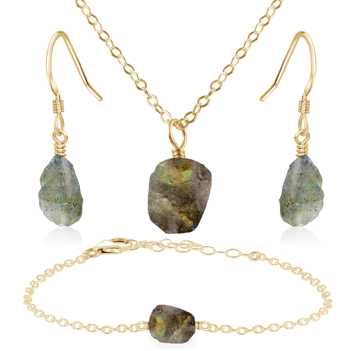 Raw Labradorite Crystal Jewellery Set - Raw Labradorite Crystal Jewellery Set - 14k Gold Fill / Cable / Necklace & Earrings & Bracelet - Luna Tide Handmade Crystal Jewellery