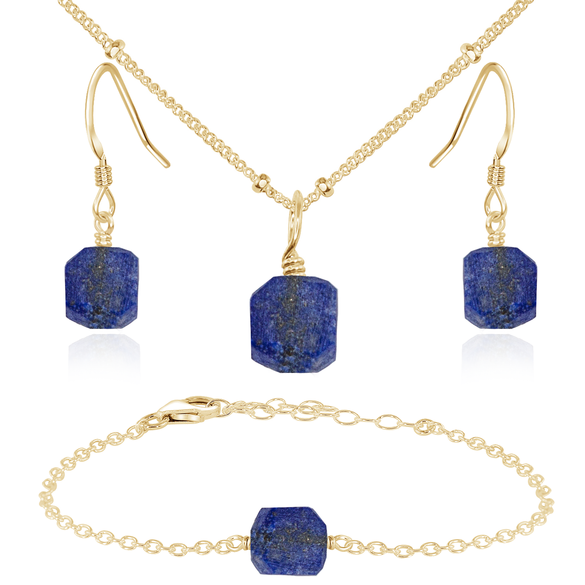 Raw Lapis Lazuli Crystal Jewellery Set - Raw Lapis Lazuli Crystal Jewellery Set - 14k Gold Fill / Satellite / Necklace & Earrings & Bracelet - Luna Tide Handmade Crystal Jewellery