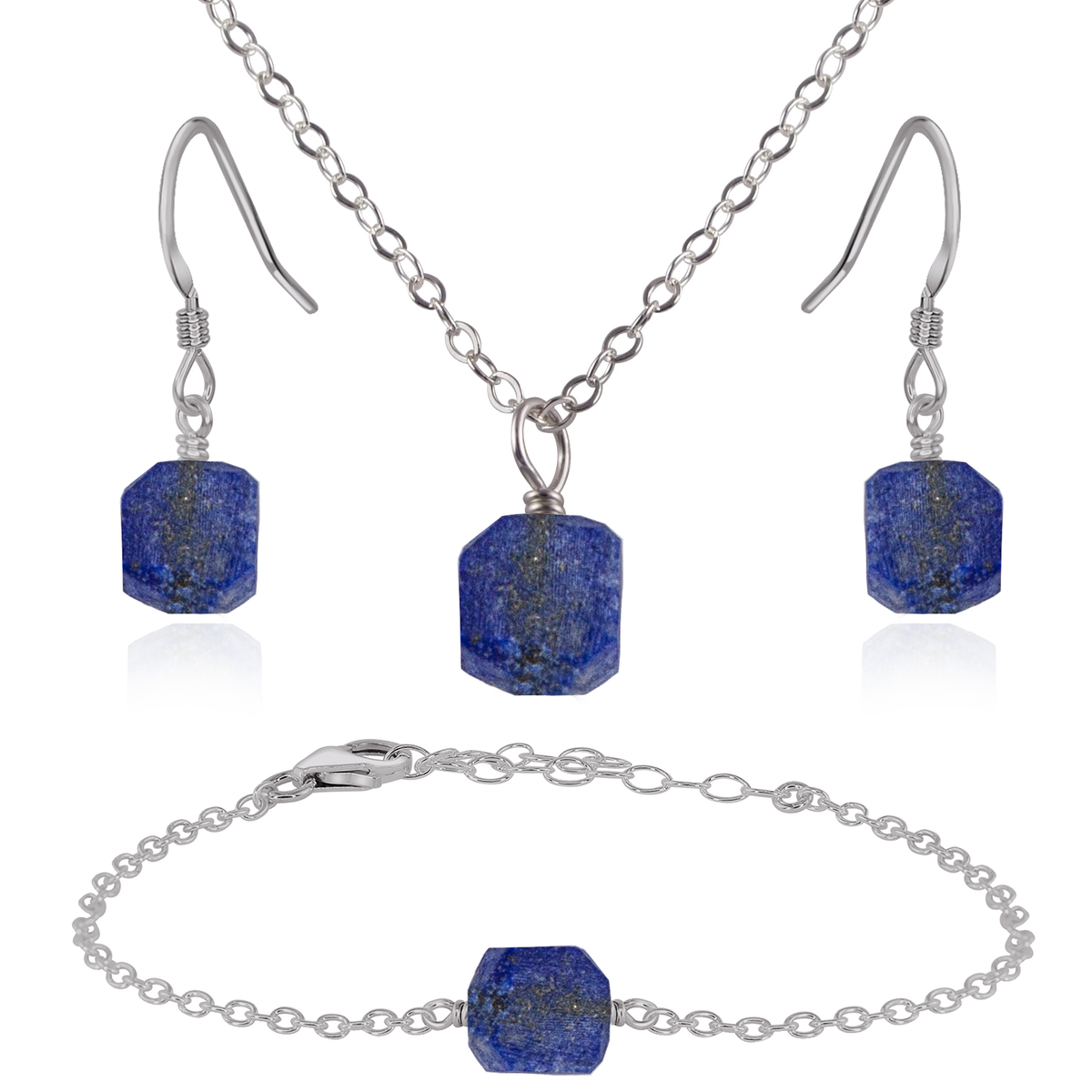 Raw Lapis Lazuli Crystal Jewellery Set - Raw Lapis Lazuli Crystal Jewellery Set - Stainless Steel / Cable / Necklace & Earrings & Bracelet - Luna Tide Handmade Crystal Jewellery