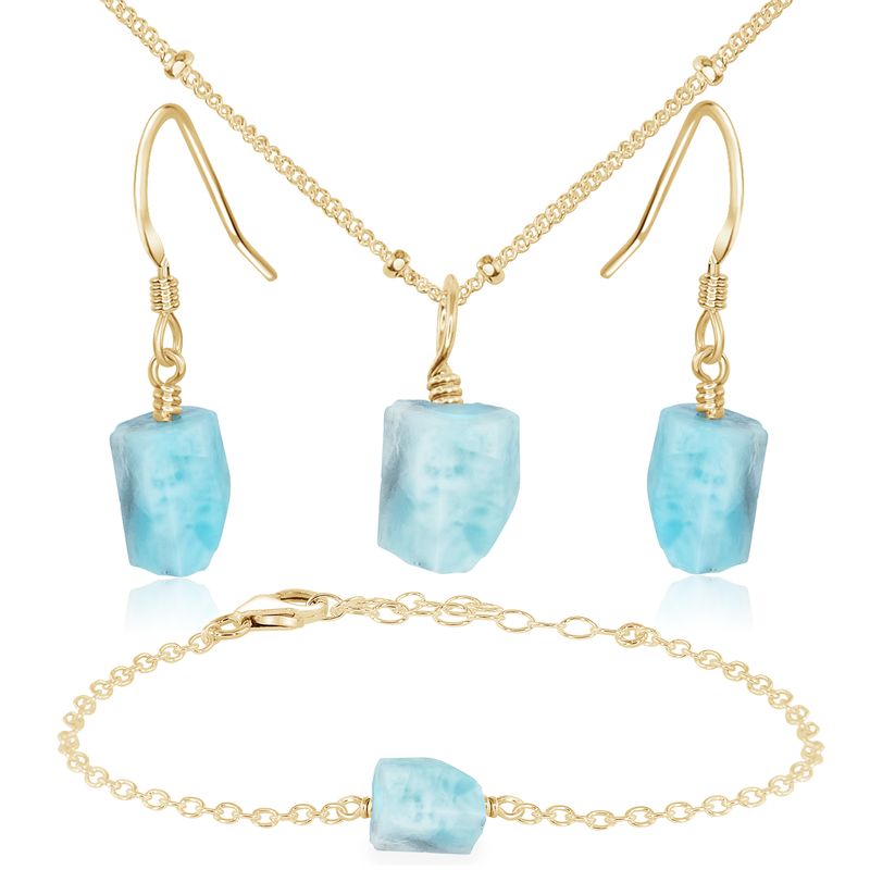 Raw Larimar Crystal Jewellery Set - Raw Larimar Crystal Jewellery Set - 14k Gold Fill / Satellite / Necklace & Earrings & Bracelet - Luna Tide Handmade Crystal Jewellery