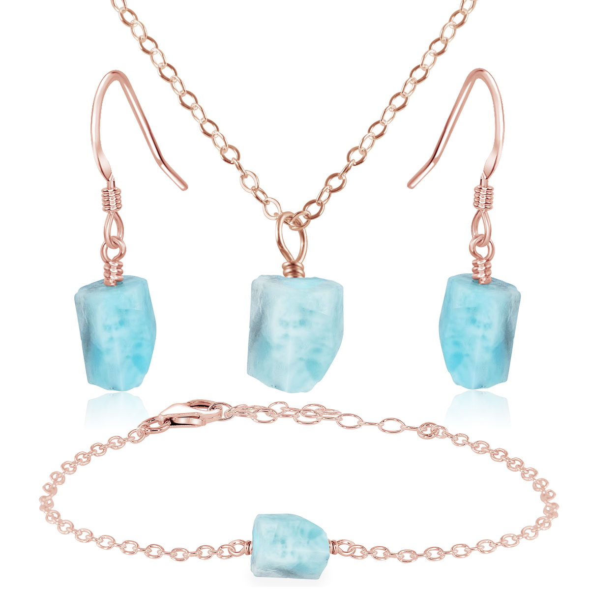 Raw Larimar Crystal Jewellery Set - Raw Larimar Crystal Jewellery Set - 14k Rose Gold Fill / Cable / Necklace & Earrings & Bracelet - Luna Tide Handmade Crystal Jewellery