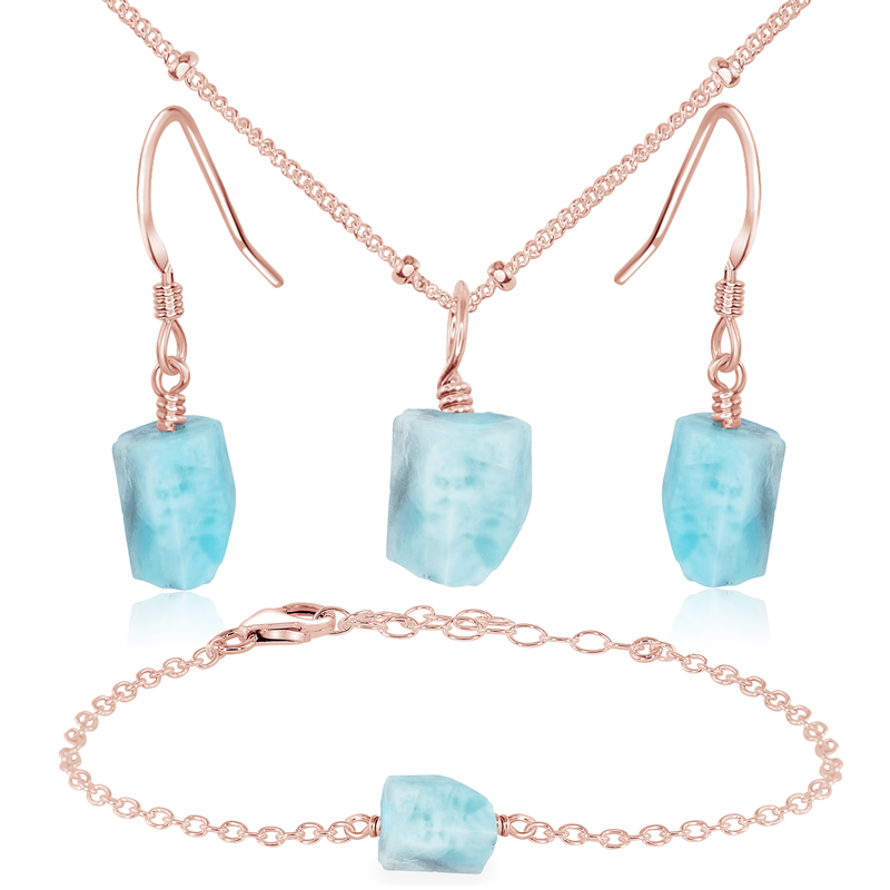 Raw Larimar Crystal Jewellery Set - Raw Larimar Crystal Jewellery Set - 14k Rose Gold Fill / Satellite / Necklace & Earrings & Bracelet - Luna Tide Handmade Crystal Jewellery