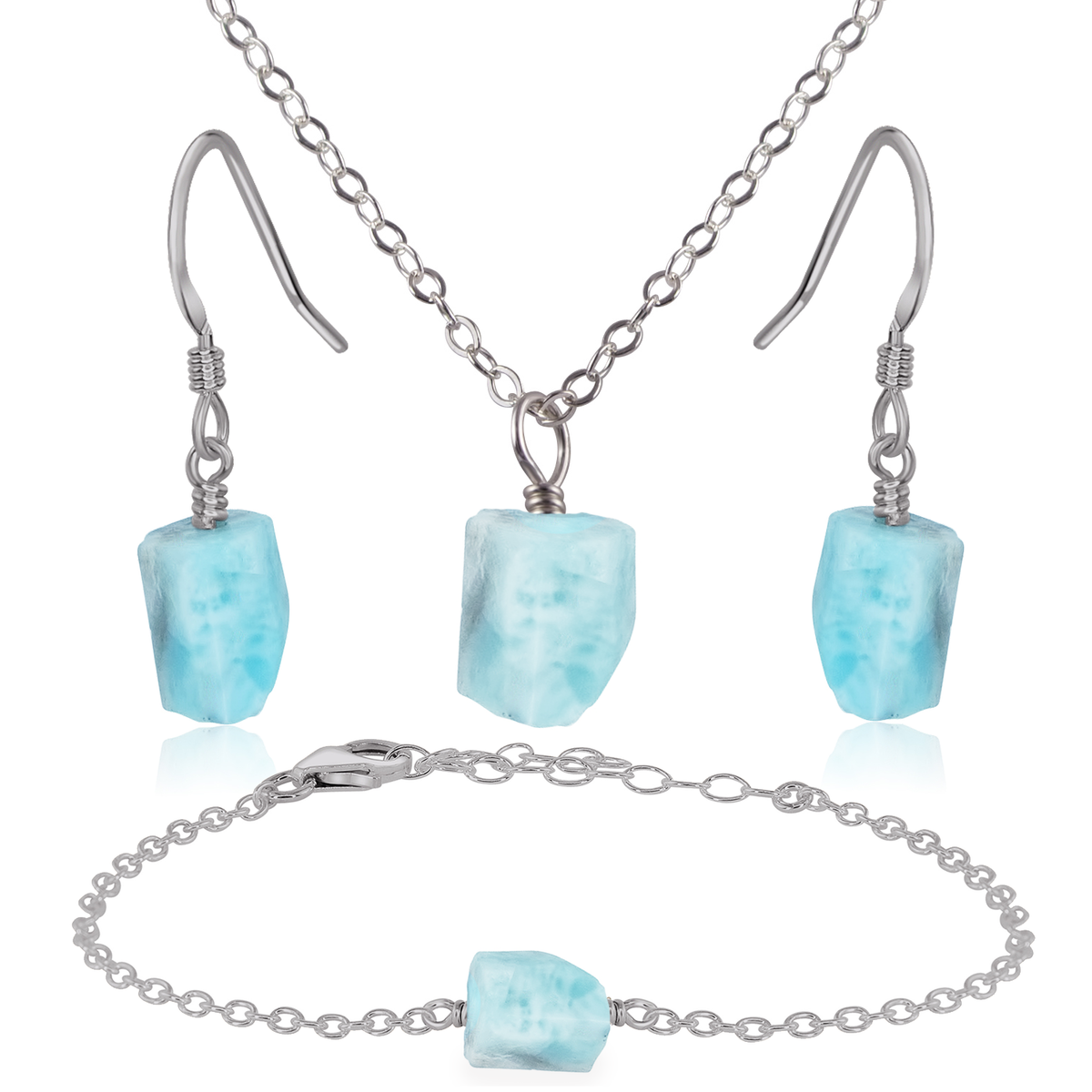 Raw Larimar Crystal Jewellery Set - Raw Larimar Crystal Jewellery Set - Stainless Steel / Cable / Necklace & Earrings & Bracelet - Luna Tide Handmade Crystal Jewellery