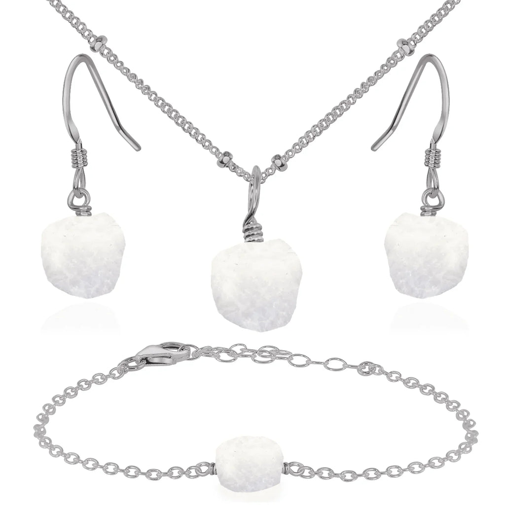 Raw Rainbow Moonstone Crystal Jewellery Set - Raw Rainbow Moonstone Crystal Jewellery Set - Stainless Steel / Satellite / Necklace & Earrings & Bracelet - Luna Tide Handmade Crystal Jewellery