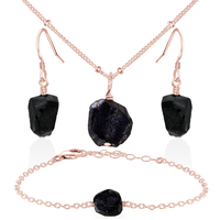 Raw Obsidian Crystal Jewellery Set - Raw Obsidian Crystal Jewellery Set - 14k Rose Gold Fill / Satellite / Necklace & Earrings & Bracelet - Luna Tide Handmade Crystal Jewellery