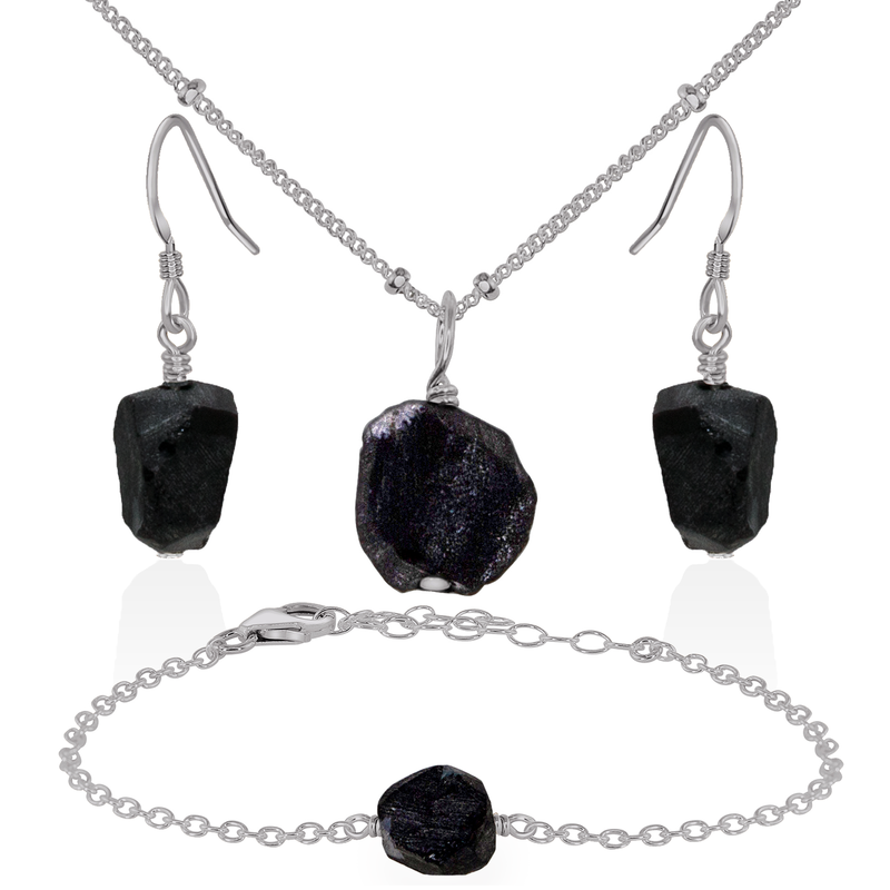 Raw Obsidian Crystal Jewellery Set - Raw Obsidian Crystal Jewellery Set - Stainless Steel / Satellite / Necklace & Earrings & Bracelet - Luna Tide Handmade Crystal Jewellery