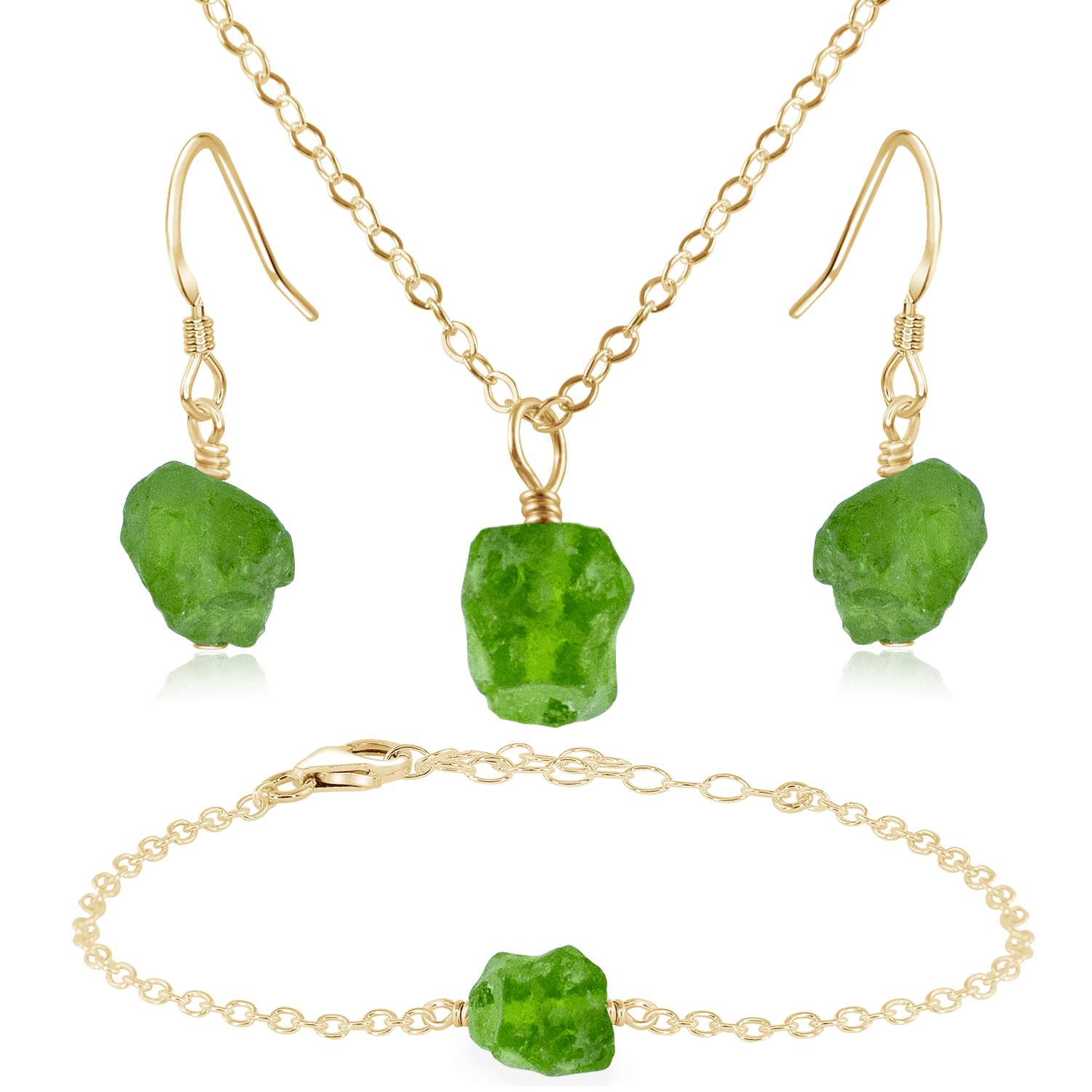 Raw Peridot Crystal Jewellery Set - Raw Peridot Crystal Jewellery Set - 14k Gold Fill / Cable / Necklace & Earrings & Bracelet - Luna Tide Handmade Crystal Jewellery