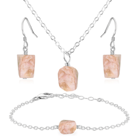 Raw Pink Peruvian Opal Crystal Jewellery Set - Raw Pink Peruvian Opal Crystal Jewellery Set - Sterling Silver / Cable / Necklace & Earrings & Bracelet - Luna Tide Handmade Crystal Jewellery