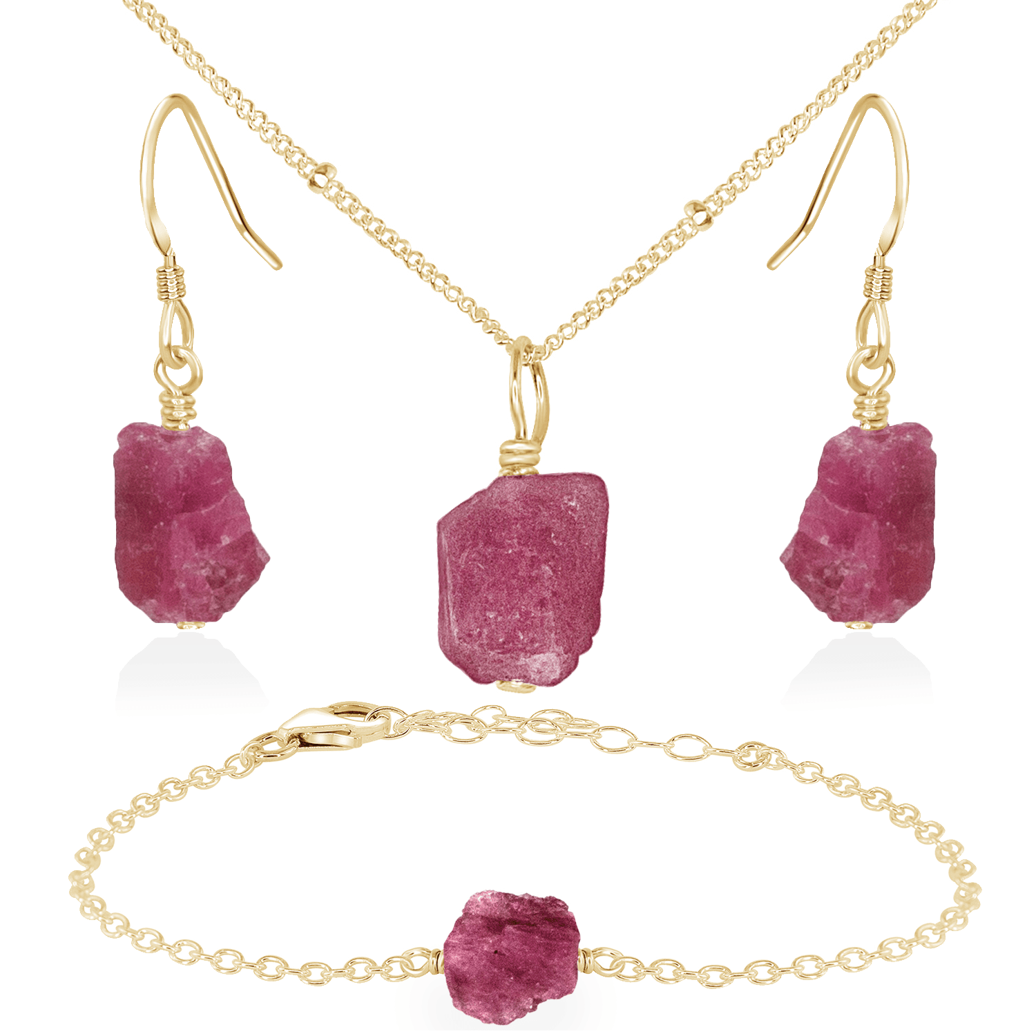Raw Pink Tourmaline Crystal Jewellery Set - Raw Pink Tourmaline Crystal Jewellery Set - 14k Gold Fill / Satellite / Necklace & Earrings & Bracelet - Luna Tide Handmade Crystal Jewellery