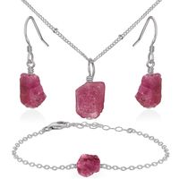 Raw Pink Tourmaline Crystal Jewellery Set - Raw Pink Tourmaline Crystal Jewellery Set - Stainless Steel / Satellite / Necklace & Earrings & Bracelet - Luna Tide Handmade Crystal Jewellery