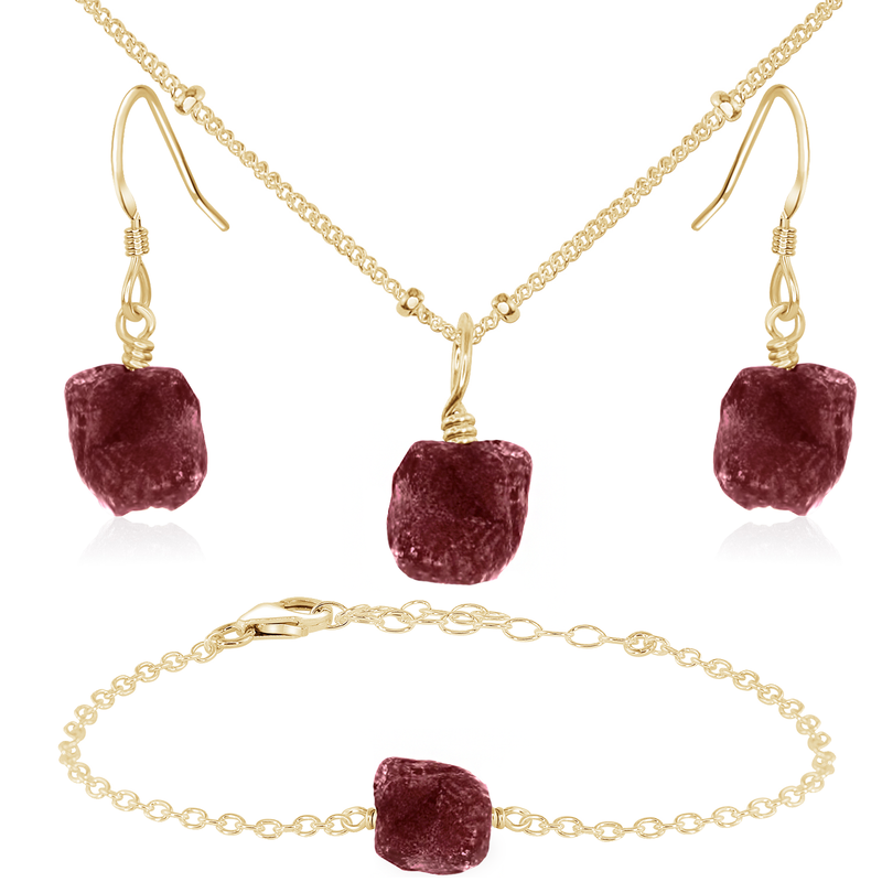 Raw Ruby Crystal Jewellery Set - Raw Ruby Crystal Jewellery Set - 14k Gold Fill / Satellite / Necklace & Earrings & Bracelet - Luna Tide Handmade Crystal Jewellery
