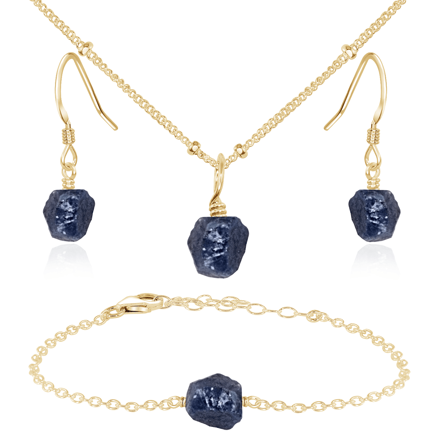 Raw Sapphire Crystal Jewellery Set - Raw Sapphire Crystal Jewellery Set - 14k Gold Fill / Satellite / Necklace & Earrings & Bracelet - Luna Tide Handmade Crystal Jewellery