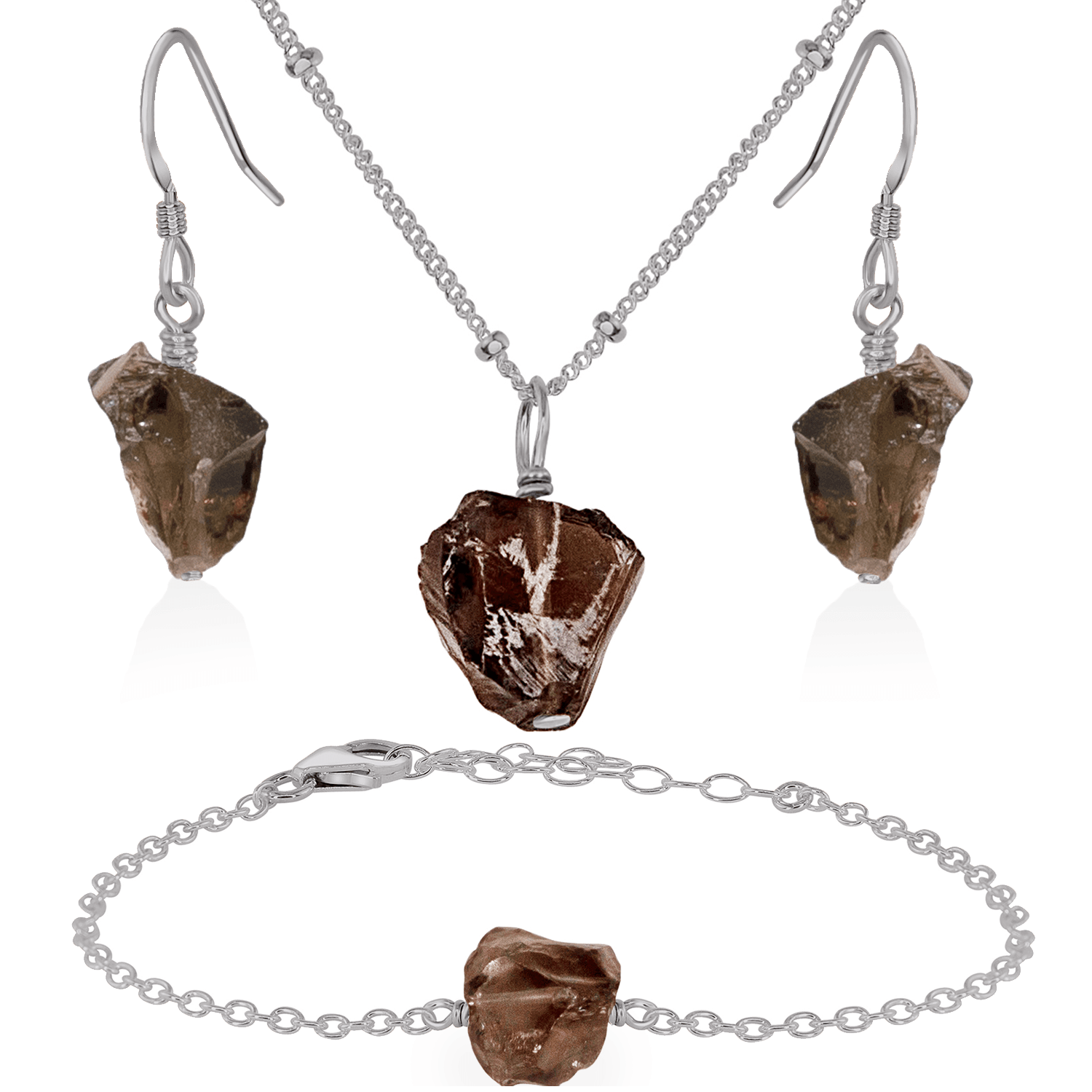 Raw Smoky Quartz Crystal Jewellery Set - Raw Smoky Quartz Crystal Jewellery Set - Stainless Steel / Satellite / Necklace & Earrings & Bracelet - Luna Tide Handmade Crystal Jewellery