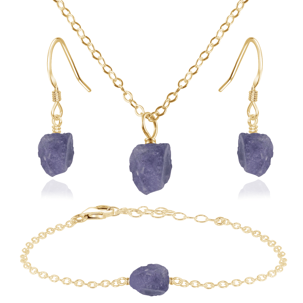 Raw Tanzanite Crystal Jewellery Set - Raw Tanzanite Crystal Jewellery Set - 14k Gold Fill / Cable / Necklace & Earrings & Bracelet - Luna Tide Handmade Crystal Jewellery