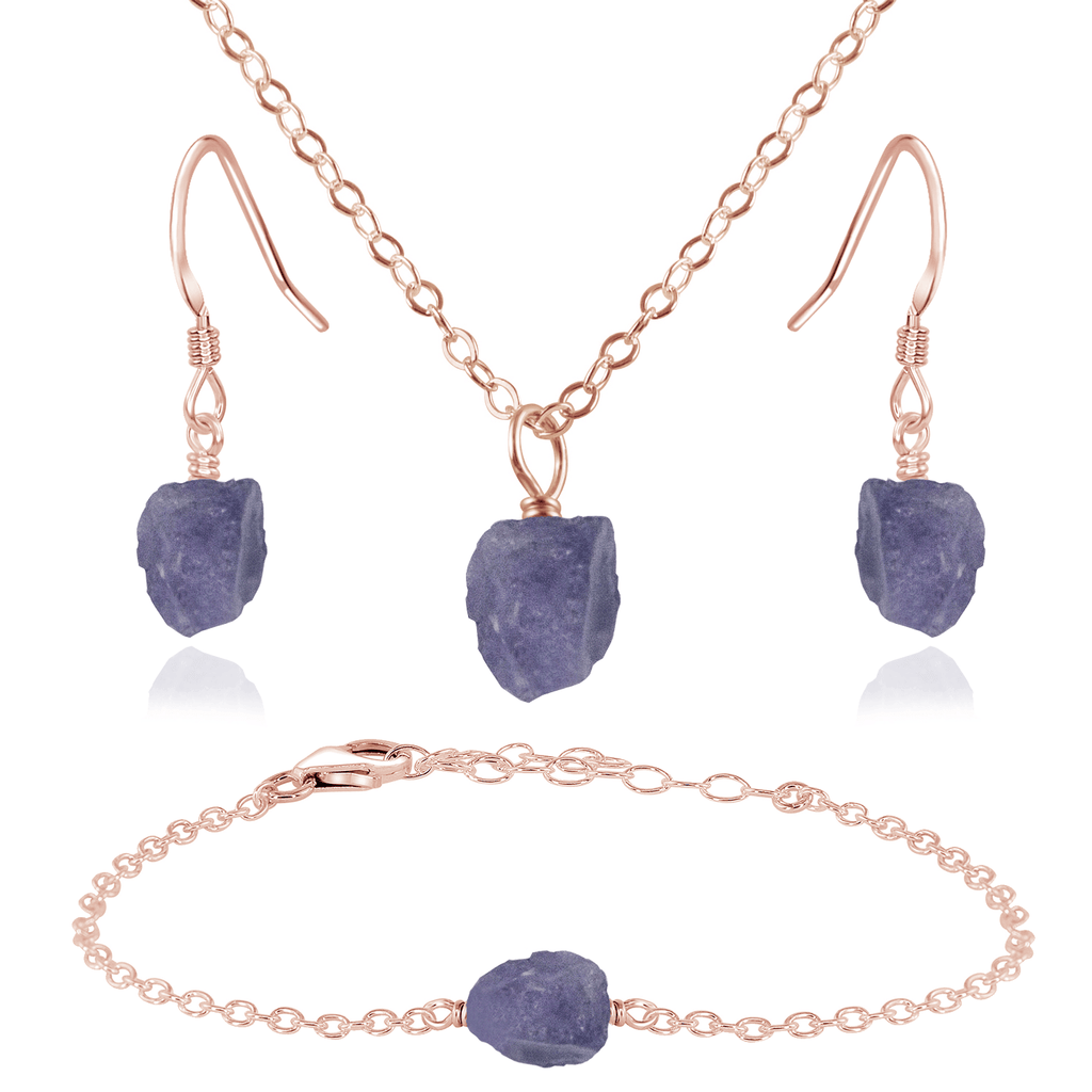 Raw Tanzanite Crystal Jewellery Set - Raw Tanzanite Crystal Jewellery Set - 14k Rose Gold Fill / Cable / Necklace & Earrings & Bracelet - Luna Tide Handmade Crystal Jewellery