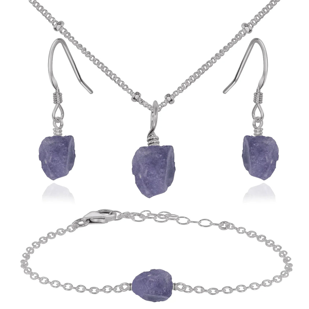 Raw Tanzanite Crystal Jewellery Set - Raw Tanzanite Crystal Jewellery Set - Stainless Steel / Satellite / Necklace & Earrings & Bracelet - Luna Tide Handmade Crystal Jewellery