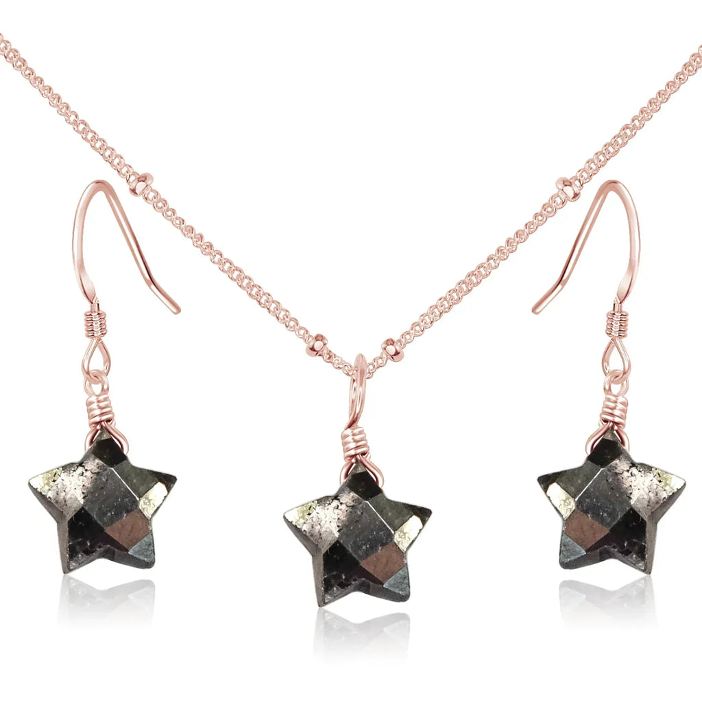 Little Pyrite Crystal Star Jewellery Set - Little Pyrite Crystal Star Jewellery Set - 14k Rose Gold Fill / Satellite / Necklace & Earrings - Luna Tide Handmade Crystal Jewellery