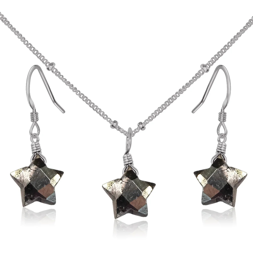 Little Pyrite Crystal Star Jewellery Set - Little Pyrite Crystal Star Jewellery Set - Stainless Steel / Satellite / Necklace & Earrings - Luna Tide Handmade Crystal Jewellery