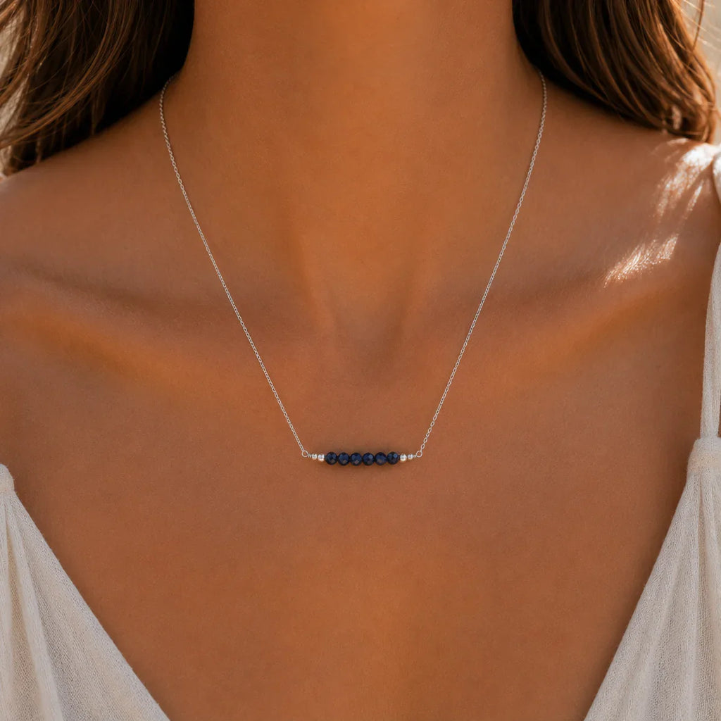 Sparkling Blue Sapphire Faceted Bead Bar Necklace