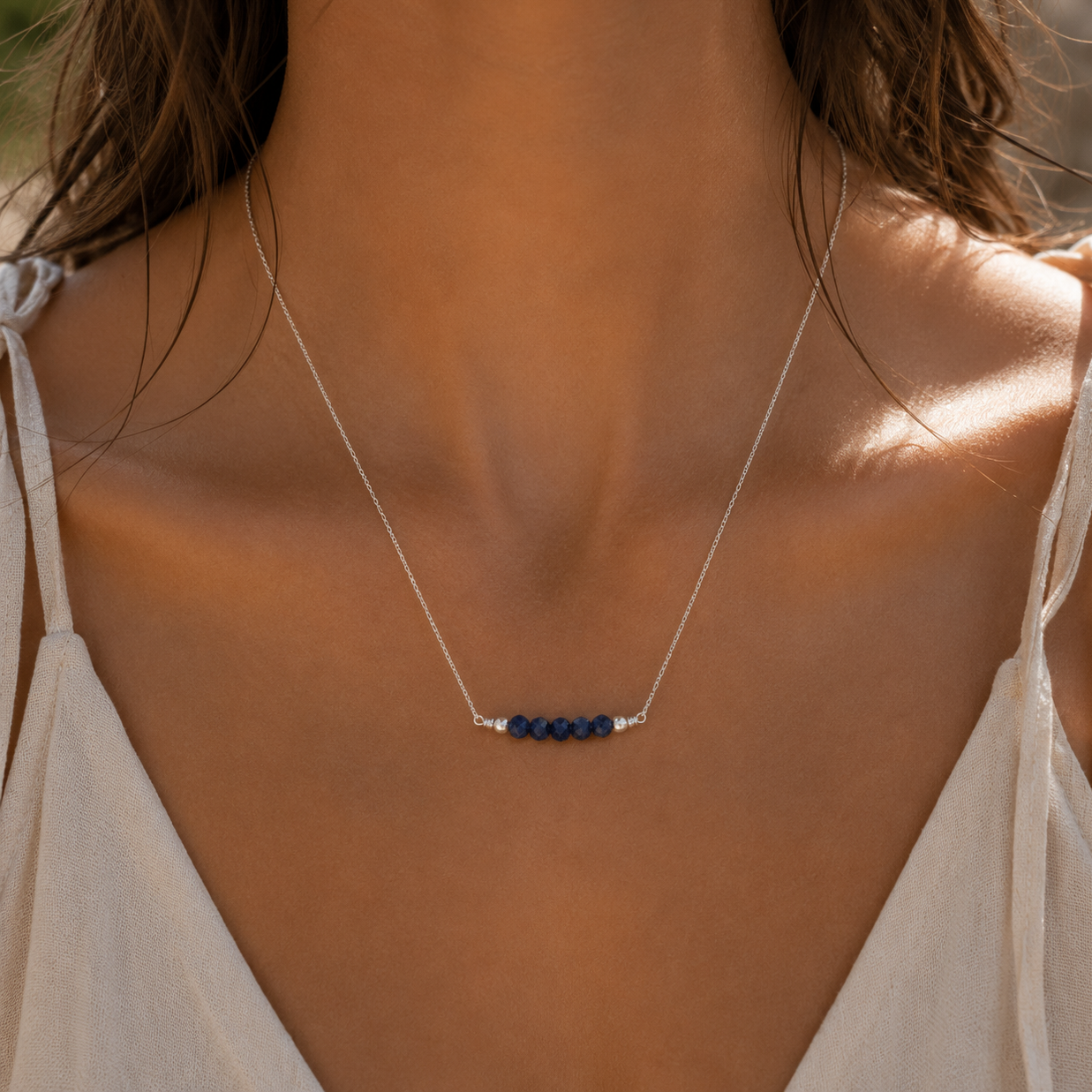 Sparkling Blue Sapphire Faceted Bead Bar Necklace