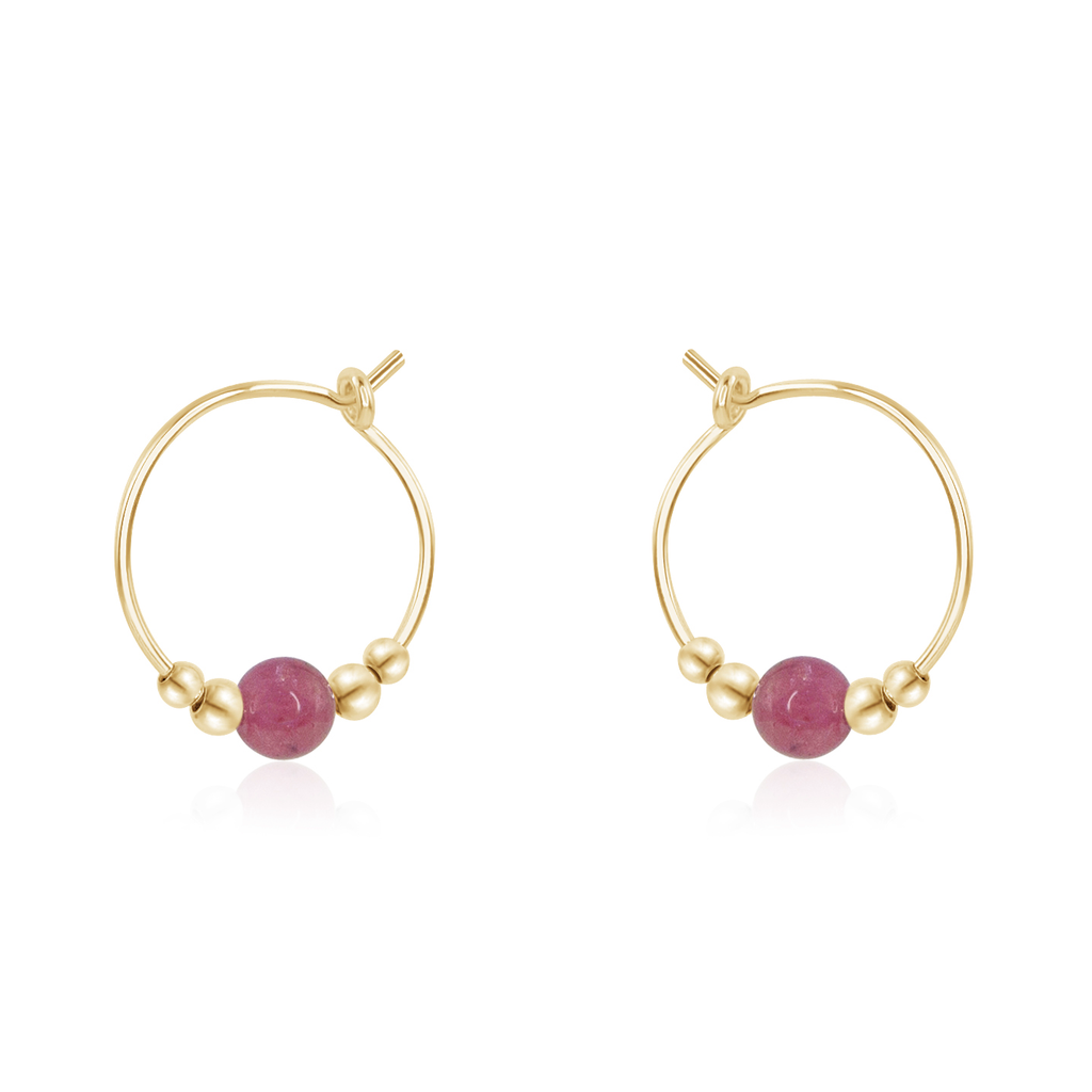 Tiny Pink Tourmaline Gemstone Bead Hoop Earrings