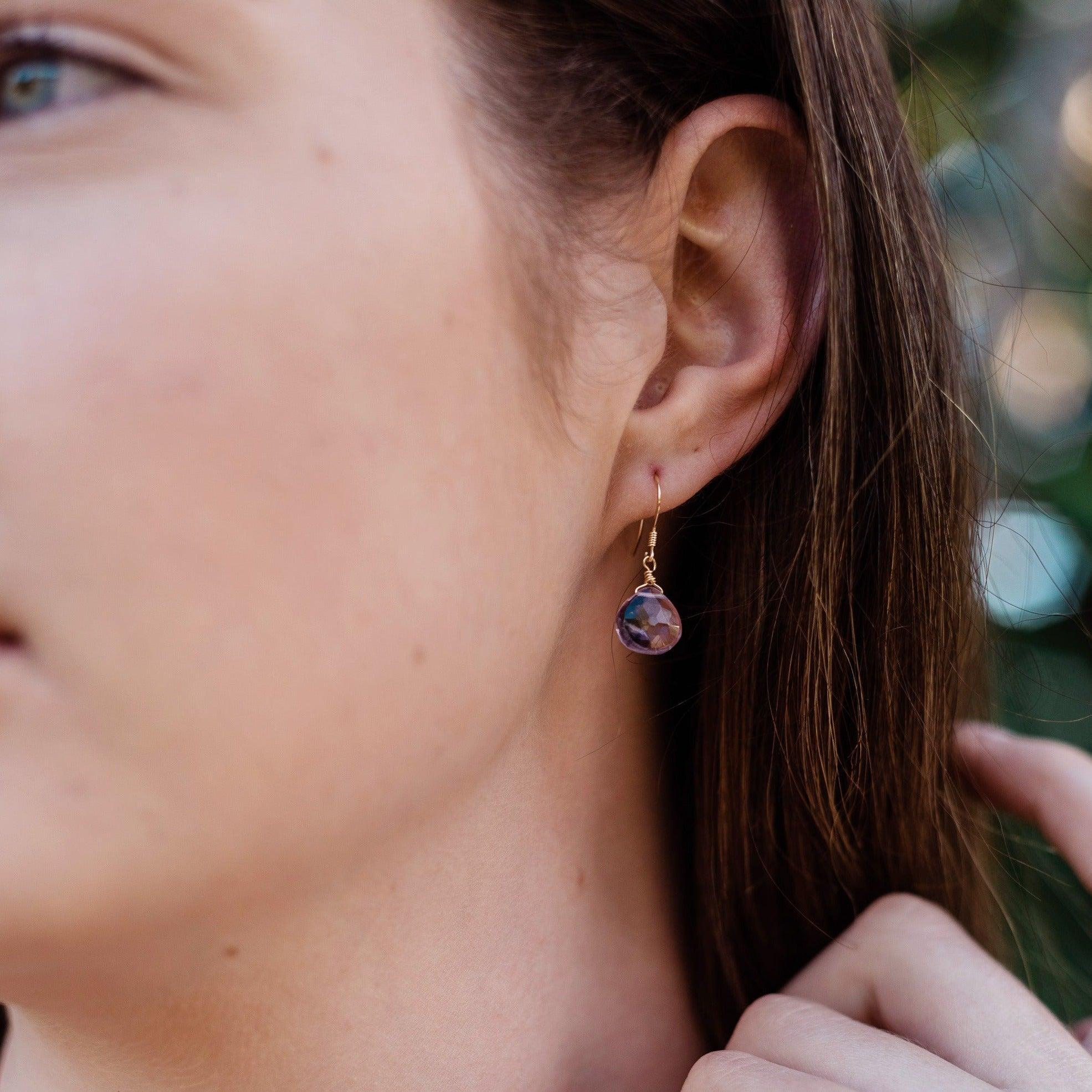 Pink Amethyst Tiny Teardrop Earrings & Necklace Set - Pink Amethyst Tiny Teardrop Earrings & Necklace Set - 14k Gold Fill / Cable - Luna Tide Handmade Crystal Jewellery