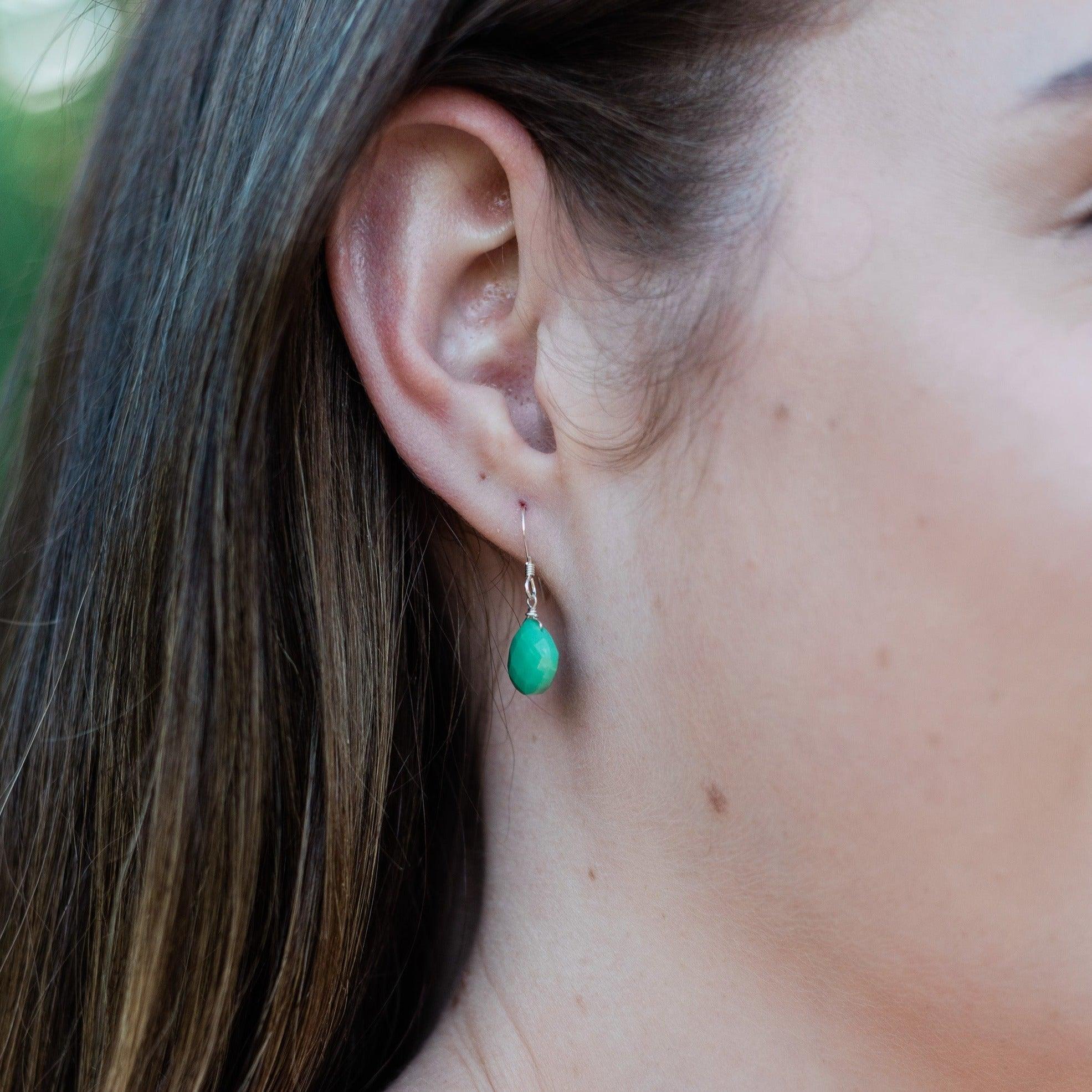 Chrysoprase Tiny Teardrop Earrings & Necklace Set - Chrysoprase Tiny Teardrop Earrings & Necklace Set - Sterling Silver / Cable - Luna Tide Handmade Crystal Jewellery