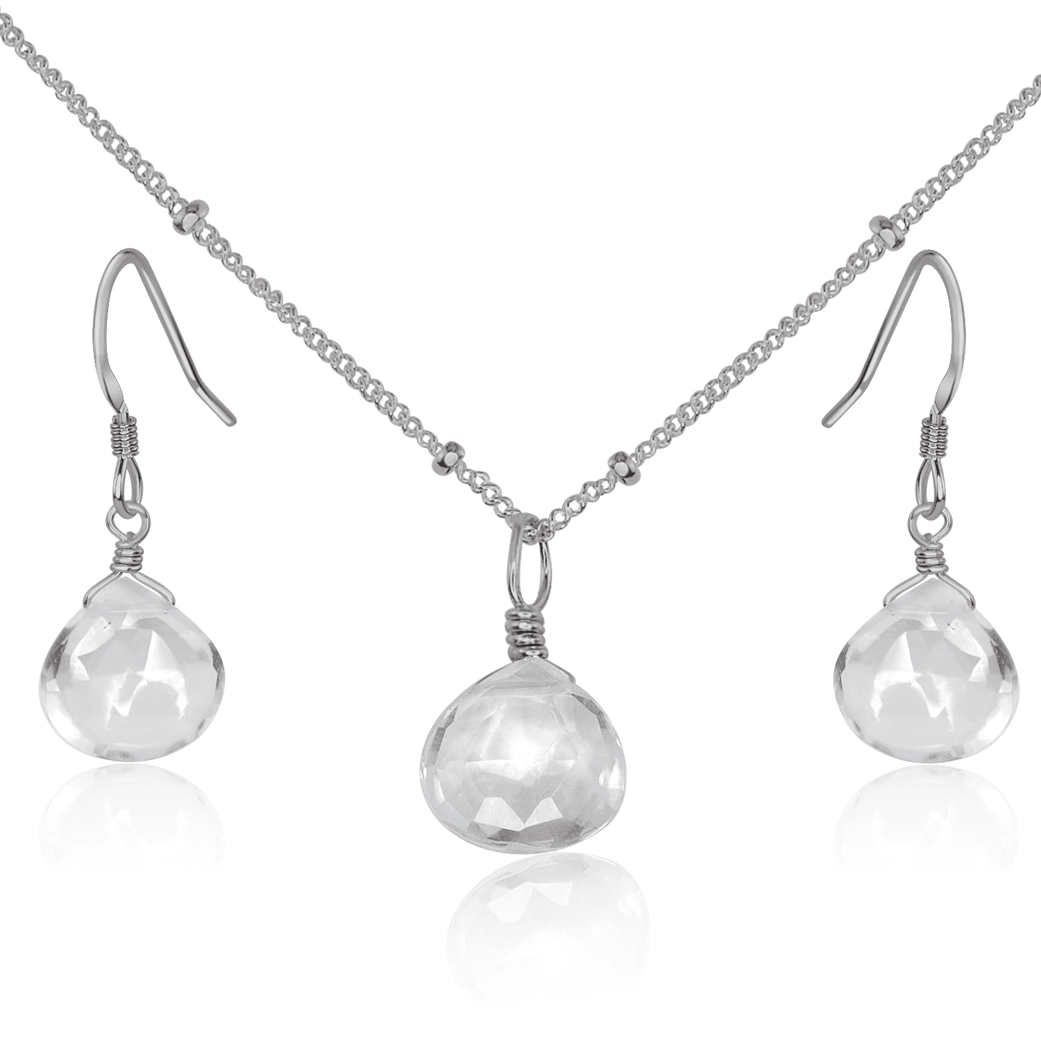 Crystal Quartz Tiny Teardrop Earrings & Necklace Set - Crystal Quartz Tiny Teardrop Earrings & Necklace Set - Stainless Steel / Satellite - Luna Tide Handmade Crystal Jewellery