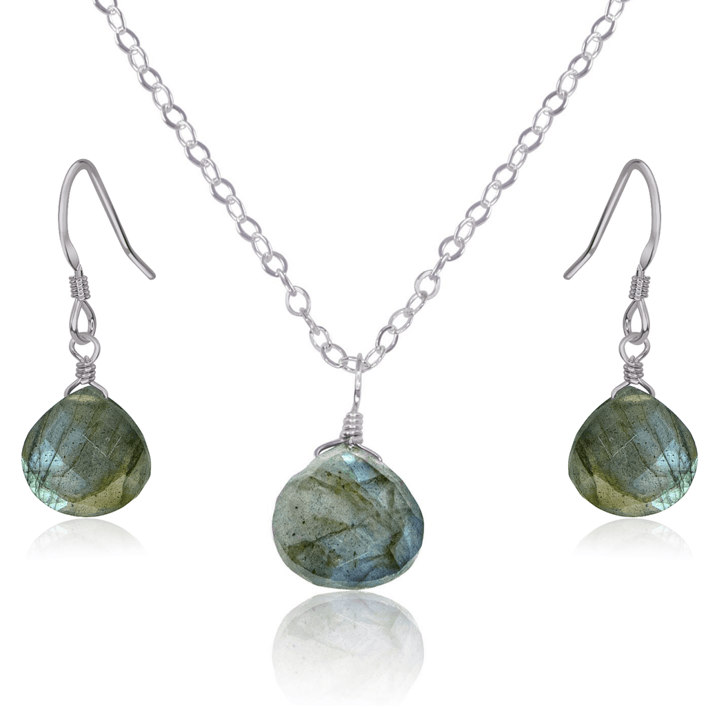 Labradorite Tiny Teardrop Earrings & Necklace Set - Labradorite Tiny Teardrop Earrings & Necklace Set - Stainless Steel / Cable - Luna Tide Handmade Crystal Jewellery
