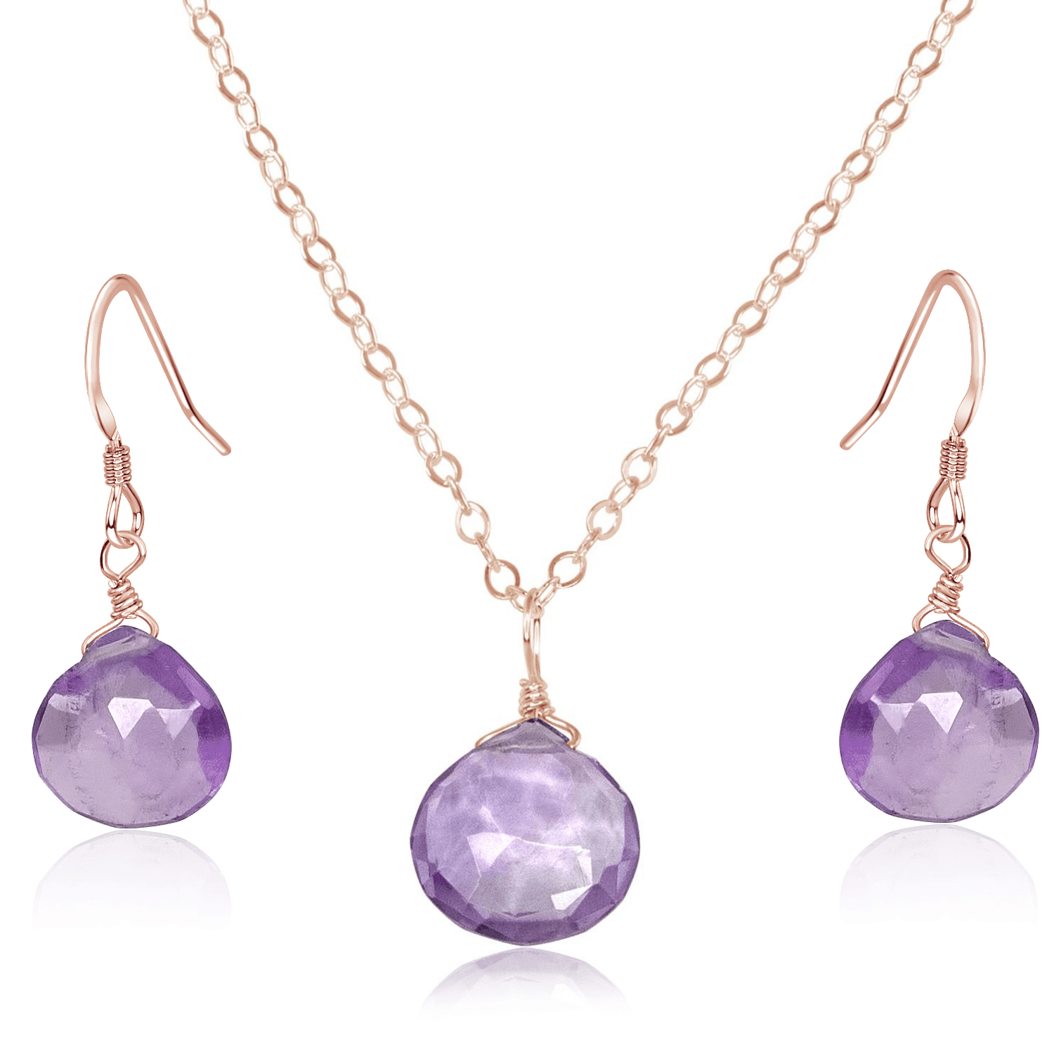 Pink Amethyst Tiny Teardrop Earrings & Necklace Set - Pink Amethyst Tiny Teardrop Earrings & Necklace Set - 14k Rose Gold Fill / Cable - Luna Tide Handmade Crystal Jewellery