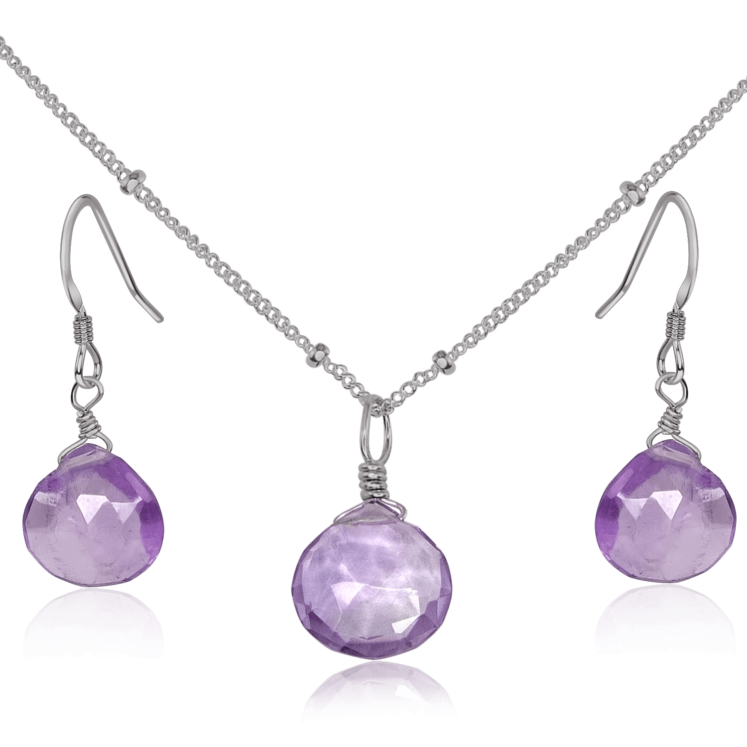 Pink Amethyst Tiny Teardrop Earrings & Necklace Set - Pink Amethyst Tiny Teardrop Earrings & Necklace Set - Stainless Steel / Satellite - Luna Tide Handmade Crystal Jewellery