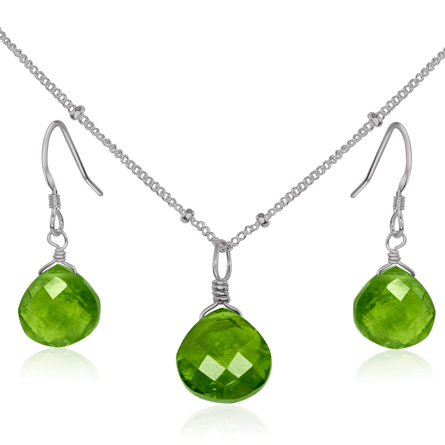 Peridot Tiny Teardrop Earrings & Necklace Set - Peridot Tiny Teardrop Earrings & Necklace Set - Stainless Steel / Satellite - Luna Tide Handmade Crystal Jewellery
