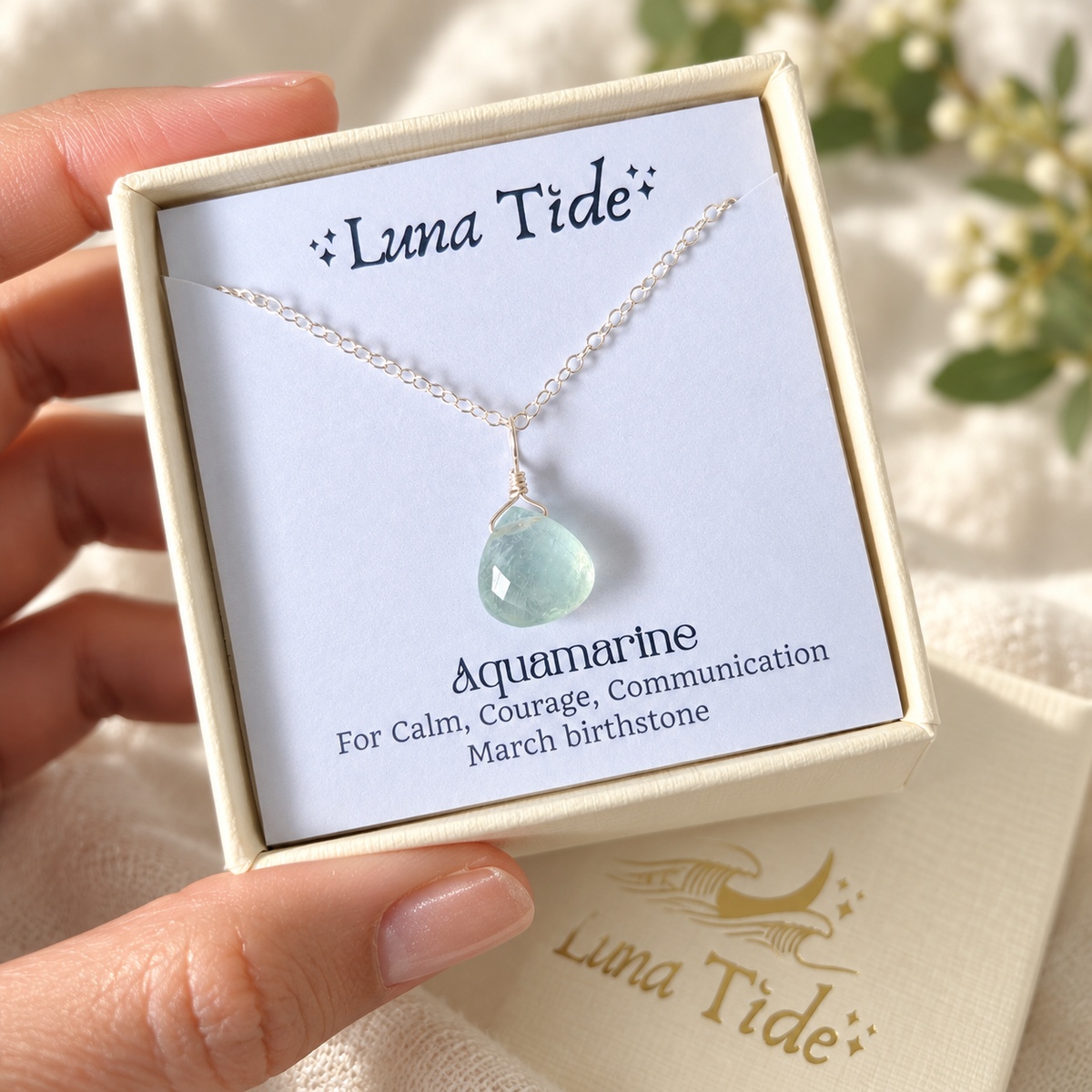 Tiny Aquamarine Teardrop Crystal Pendant Necklace