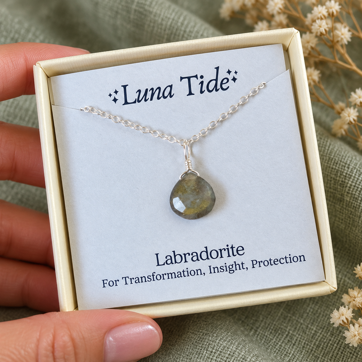 Tiny Labradorite Teardrop Crystal Pendant Necklace