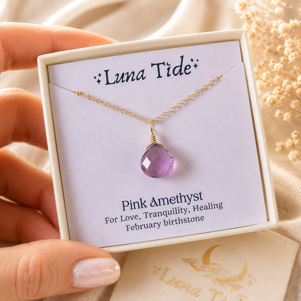 Tiny Pink Amethyst Teardrop Crystal Pendant Necklace