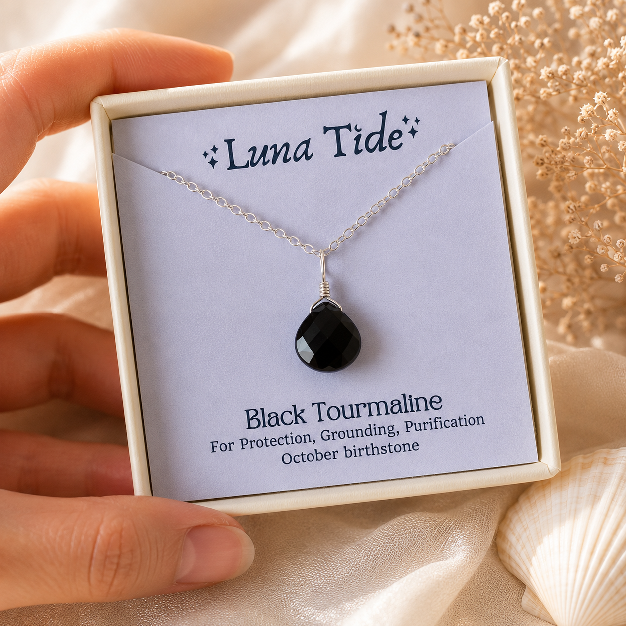  Tiny Black Tourmaline Teardrop Crystal Pendant Necklace jewellery box