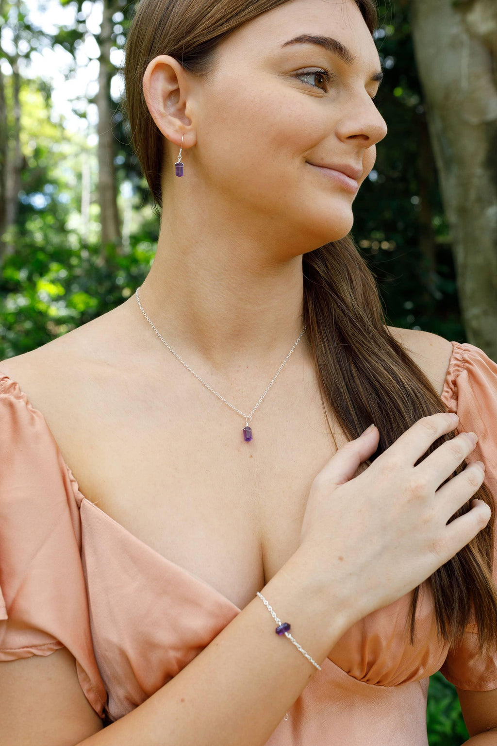 Amethyst Double Terminated Crystal Earrings, Necklace & Bracelet Set - Amethyst Double Terminated Crystal Earrings, Necklace & Bracelet Set - Sterling Silver - Luna Tide Handmade Crystal Jewellery