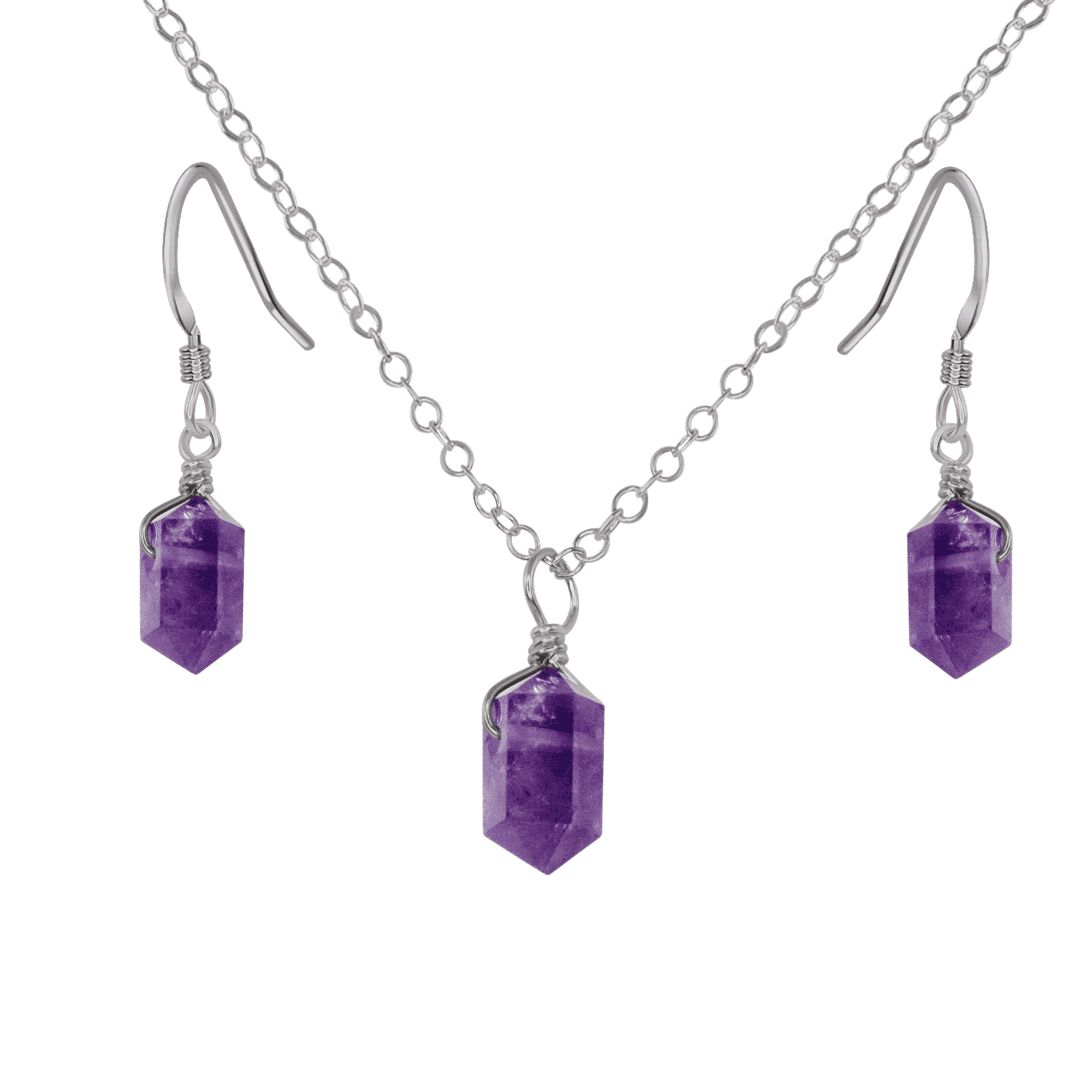 Amethyst Mini Double Terminated Crystal Point Earrings & Necklace Set - Amethyst Mini Double Terminated Crystal Point Earrings & Necklace Set - Stainless Steel - Luna Tide Handmade Crystal Jewellery