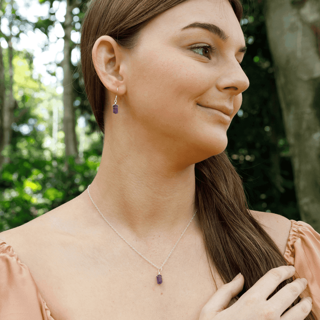 Amethyst Mini Double Terminated Crystal Point Earrings & Necklace Set - Amethyst Mini Double Terminated Crystal Point Earrings & Necklace Set - Sterling Silver - Luna Tide Handmade Crystal Jewellery