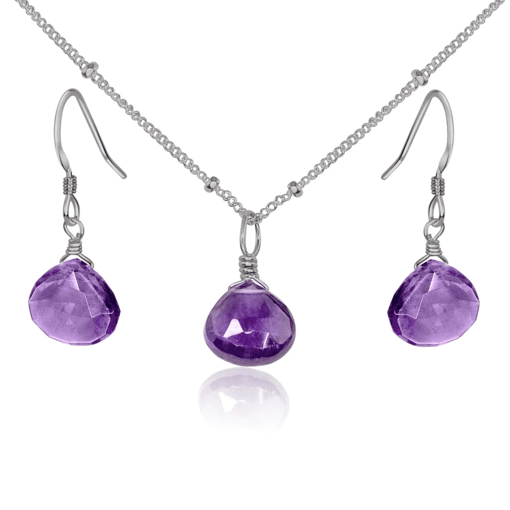 Amethyst Tiny Teardrop Earrings & Necklace Set - Amethyst Tiny Teardrop Earrings & Necklace Set - Stainless Steel / Satellite - Luna Tide Handmade Crystal Jewellery