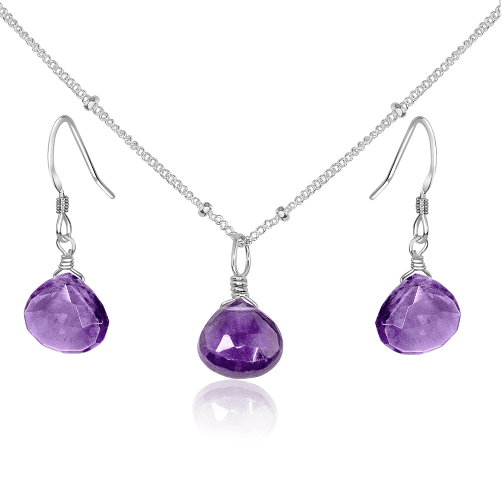Amethyst Tiny Teardrop Earrings & Necklace Set - Amethyst Tiny Teardrop Earrings & Necklace Set - Sterling Silver / Satellite - Luna Tide Handmade Crystal Jewellery