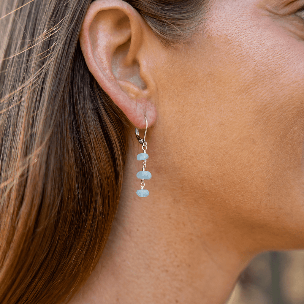 Aquamarine Crystal Beaded Chain Dangle Leverback Earrings - Aquamarine Crystal Beaded Chain Dangle Leverback Earrings - Sterling Silver - Luna Tide Handmade Crystal Jewellery