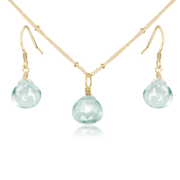 Aquamarine Tiny Teardrop Earrings & Necklace Set - Aquamarine Tiny Teardrop Earrings & Necklace Set - 14k Gold Fill / Satellite - Luna Tide Handmade Crystal Jewellery