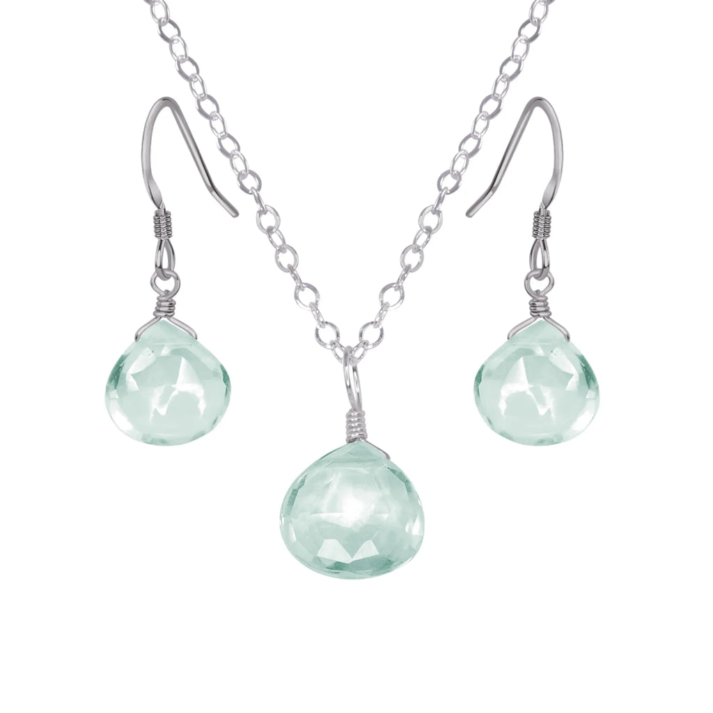Aquamarine Tiny Teardrop Earrings & Necklace Set - Aquamarine Tiny Teardrop Earrings & Necklace Set - Stainless Steel / Cable - Luna Tide Handmade Crystal Jewellery