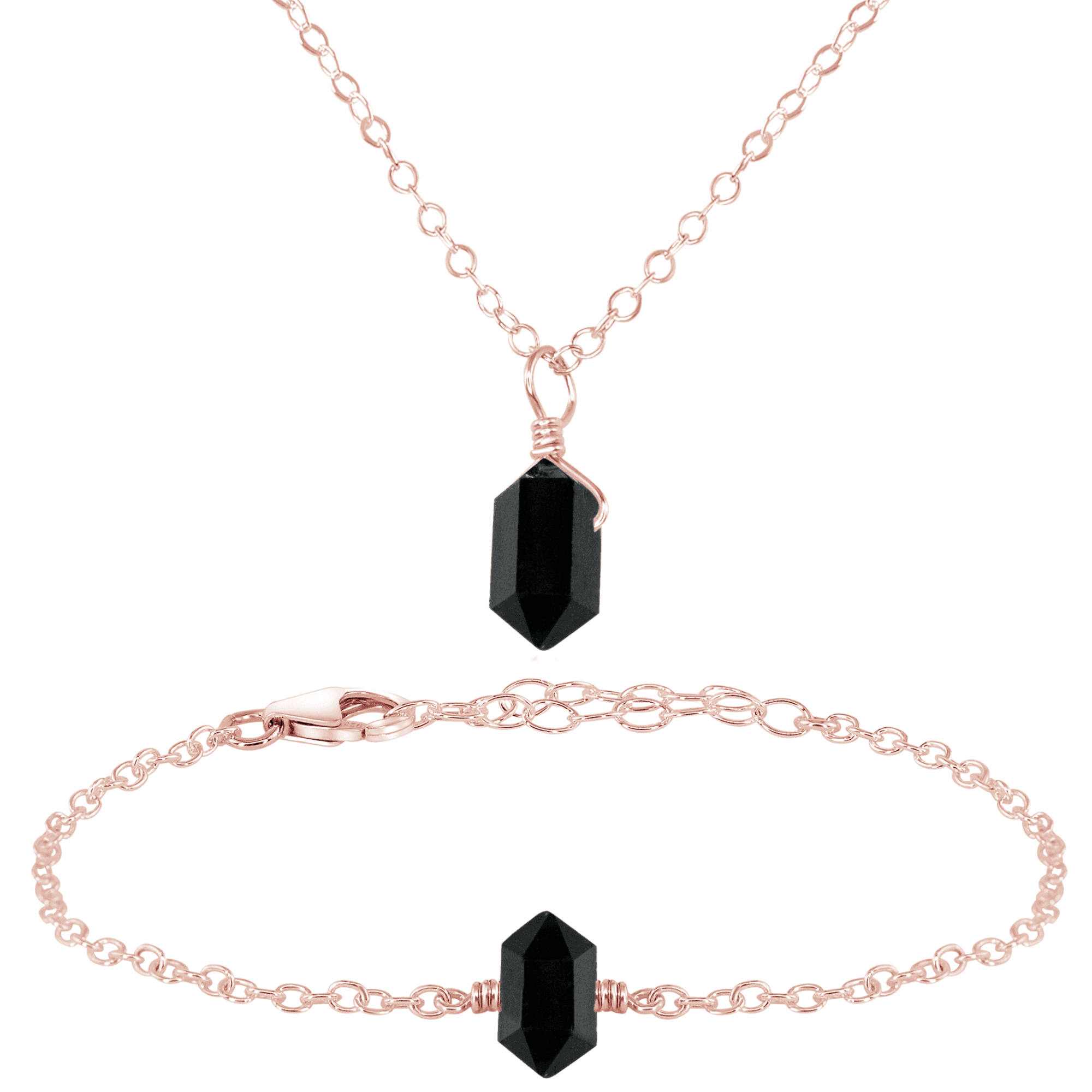 Black Tourmaline Double Terminated Crystal Necklace & Bracelet Set - Black Tourmaline Double Terminated Crystal Necklace & Bracelet Set - 14k Rose Gold Fill - Luna Tide Handmade Crystal Jewellery