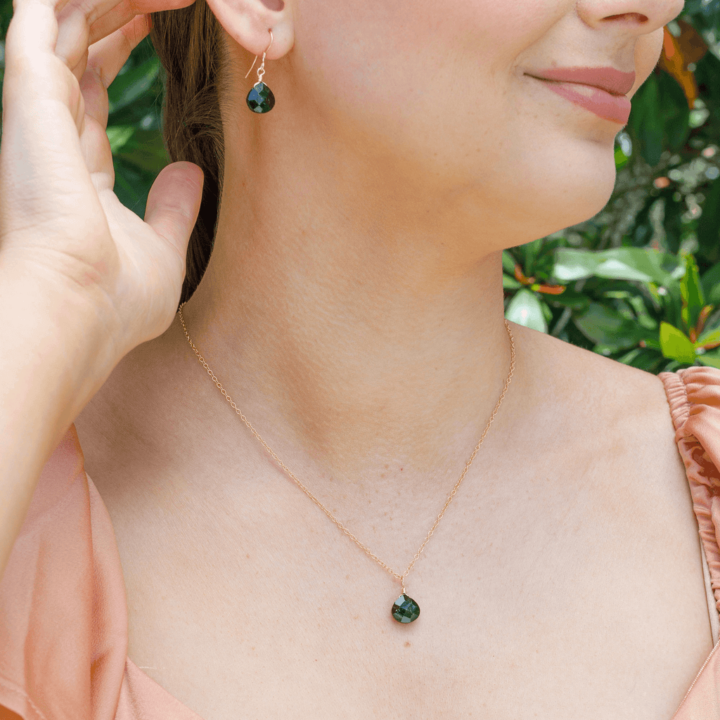 Black Tourmaline Tiny Teardrop Earrings & Necklace Set - Black Tourmaline Tiny Teardrop Earrings & Necklace Set - 14k Gold Fill / Cable - Luna Tide Handmade Crystal Jewellery