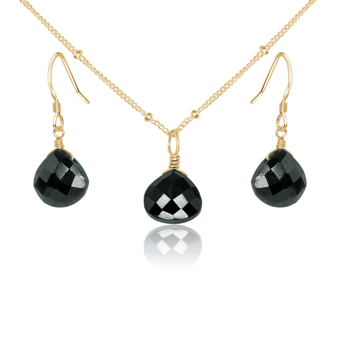 Black Tourmaline Tiny Teardrop Earrings & Necklace Set - Black Tourmaline Tiny Teardrop Earrings & Necklace Set - 14k Gold Fill / Satellite - Luna Tide Handmade Crystal Jewellery