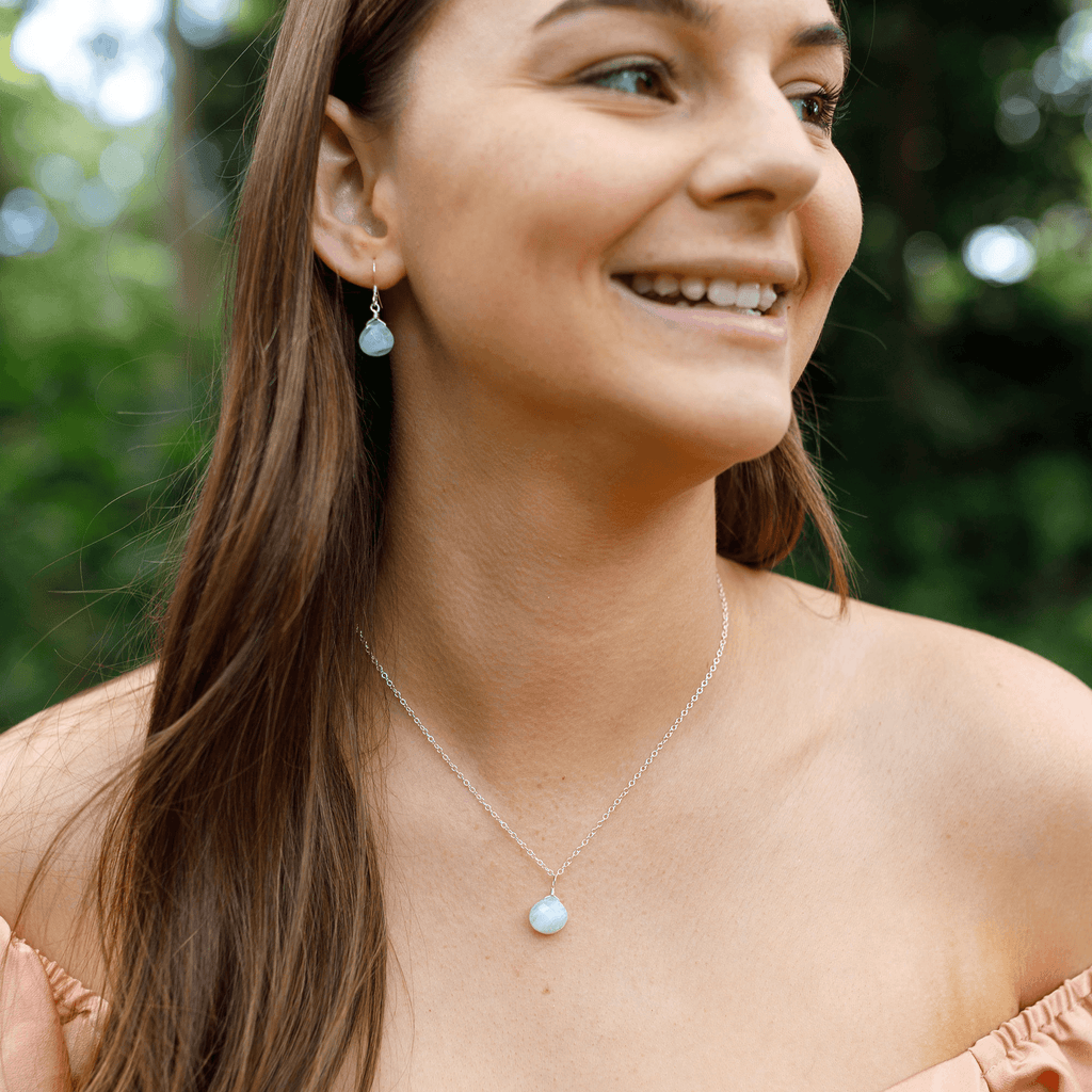 Blue Lace Agate Tiny Teardrop Earrings & Necklace Set - Blue Lace Agate Tiny Teardrop Earrings & Necklace Set - Sterling Silver / Cable - Luna Tide Handmade Crystal Jewellery