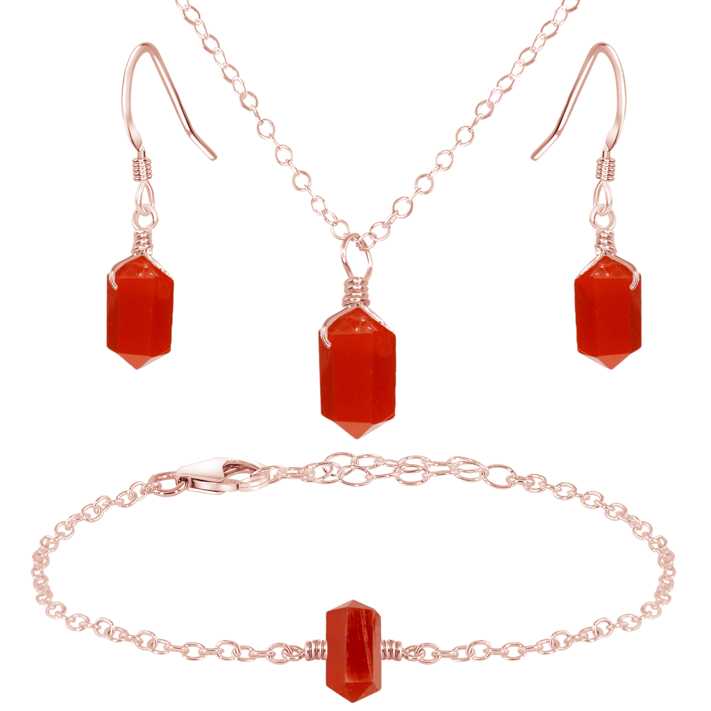 Carnelian Double Terminated Crystal Earrings, Necklace & Bracelet Set - Carnelian Double Terminated Crystal Earrings, Necklace & Bracelet Set - 14k Rose Gold Fill - Luna Tide Handmade Crystal Jewellery