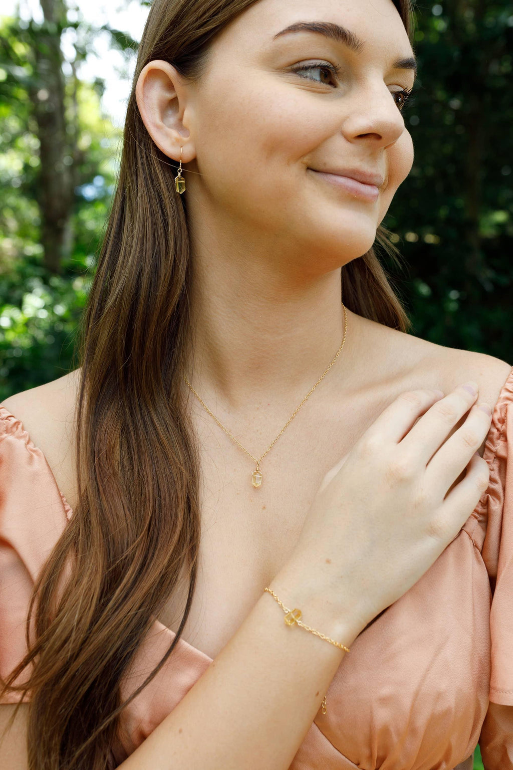 Citrine Double Terminated Crystal Earrings, Necklace & Bracelet Set - Citrine Double Terminated Crystal Earrings, Necklace & Bracelet Set - 14k Gold Fill - Luna Tide Handmade Crystal Jewellery